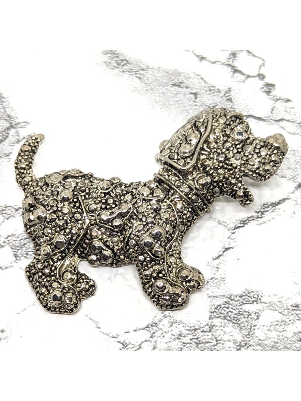 Vintage Puppy Dog Brooch Marcasite Style Silver Tone Playful